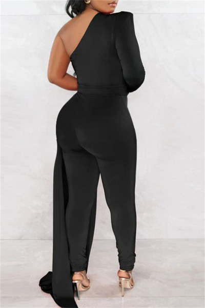 Casual Solid Patchwork Asymmetrical Oblique Collar Skinny Jumpsuits