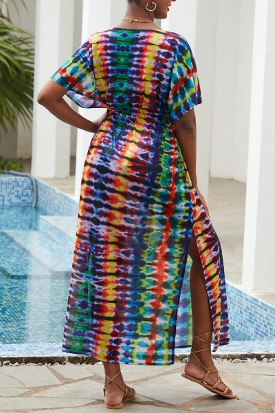 Casual Print Patchwork Slit V Neck Beach Dress Dresses