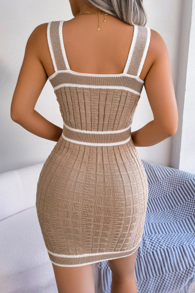 Sexy Color Block Buttons Square Collar Wrapped Skirt Dresses