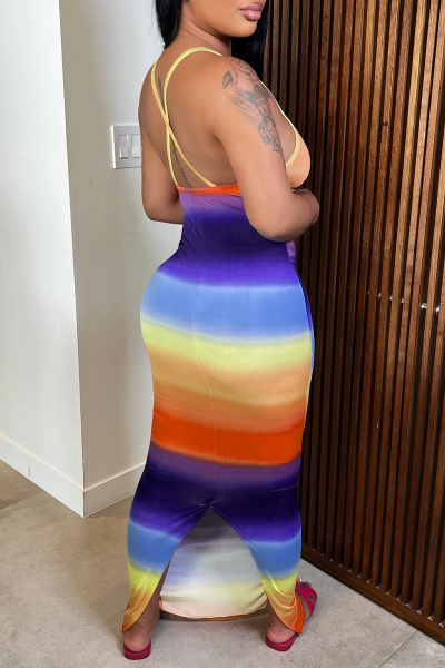 Casual Gradual Change Backless Slit Spaghetti Strap One Step Skirt Dresses