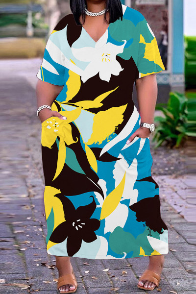 Casual Print Basic V Neck Short Sleeve Dress Dresses