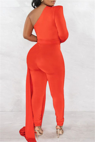 Casual Solid Patchwork Asymmetrical Oblique Collar Skinny Jumpsuits