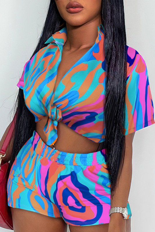 Casual Print Patchwork Knotted Shirt Collar Short Sleeve Two Pieces