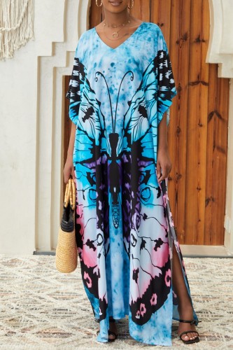 Casual Print Slit V Neck Long Dress Dresses