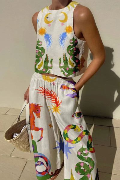 Casual Print Pocket O Neck Sleeveless Two Pieces