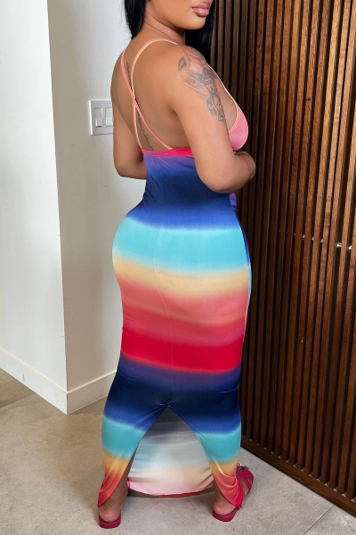 Casual Gradual Change Backless Slit Spaghetti Strap One Step Skirt Dresses