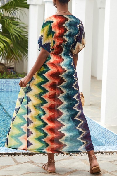 Casual Print Patchwork Slit V Neck Beach Dress Dresses