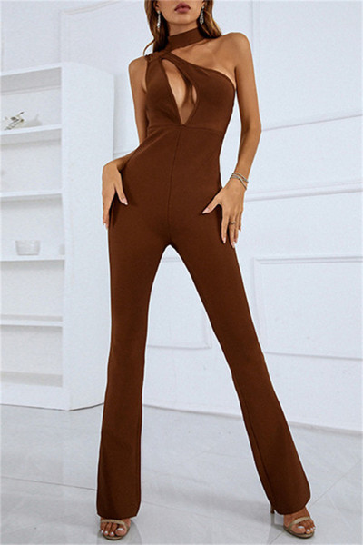 Sexy Casual Solid Hollowed Out Backless Turtleneck Regular Jumpsuits