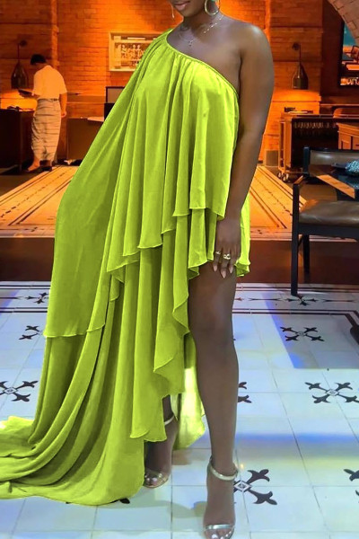 Elegant Solid Fold Mesh Oblique Collar Irregular Dress Dresses