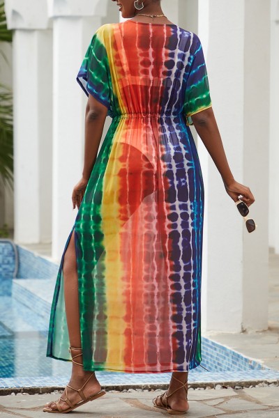 Casual Print Patchwork Slit V Neck Beach Dress Dresses