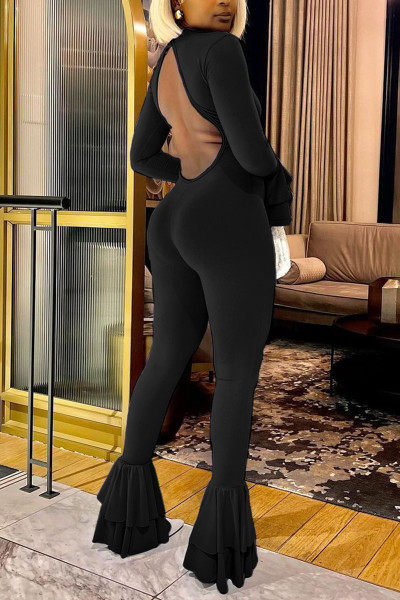 Sexy Solid Patchwork Backless O Neck Regular Jumpsuits
