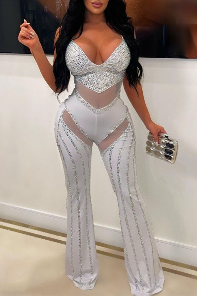 Sexy Patchwork Hot Drilling See-through Backless V Neck Regular Jumpsuits