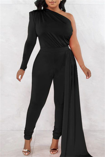 Casual Solid Patchwork Asymmetrical Oblique Collar Skinny Jumpsuits
