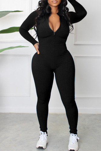 Casual Solid Patchwork Zipper Collar Skinny Jumpsuits