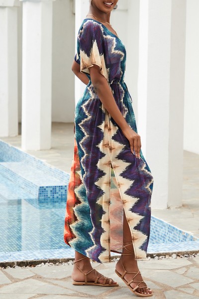 Casual Print Patchwork Slit V Neck Beach Dress Dresses