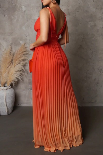 Sexy Casual Gradual Change Print Bandage Backless Pleated V Neck Long Dress Dresses