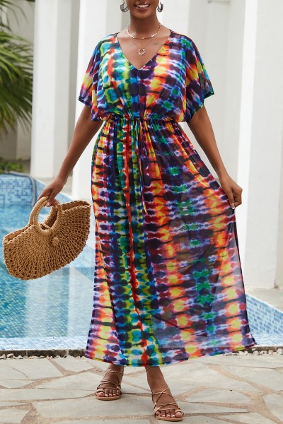Casual Print Patchwork Slit V Neck Beach Dress Dresses
