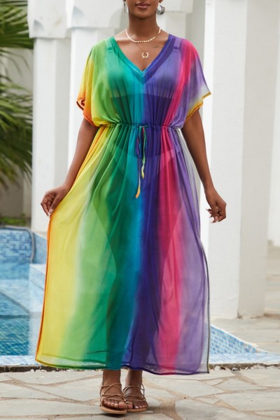 Casual Print Patchwork Slit V Neck Beach Dress Dresses