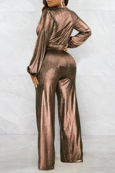 Street Solid Patchwork V Neck Boot Cut Jumpsuits