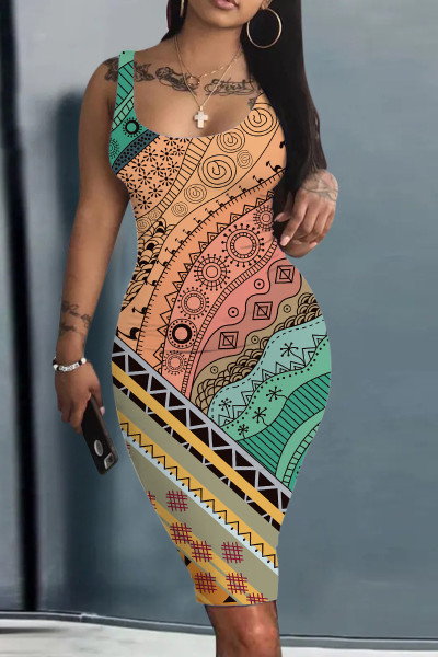 Casual Print Basic U Neck Vest Dress Dresses