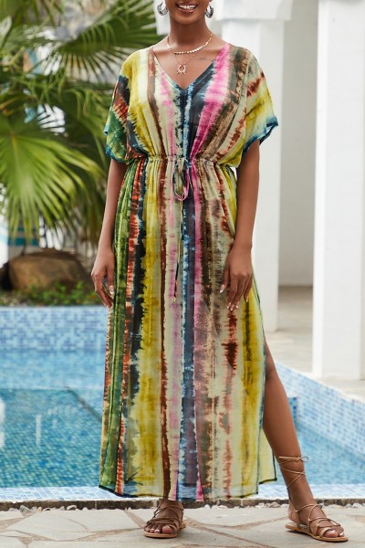Casual Print Patchwork Slit V Neck Beach Dress Dresses