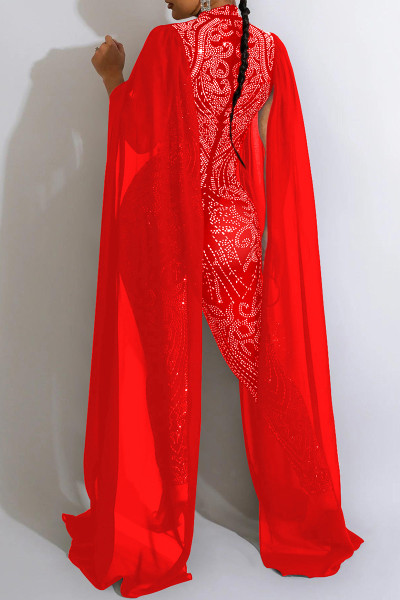 Sexy Patchwork Hot Drilling See-through Half A Turtleneck Skinny Jumpsuits