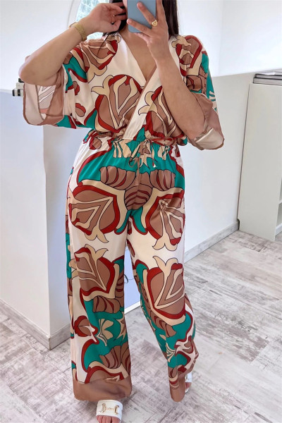 Casual Print Patchwork V Neck Regular Jumpsuits