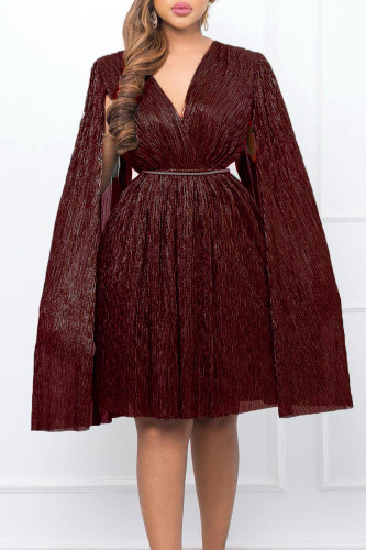 Elegant Solid Patchwork Mesh Reflective V Neck A Line Dresses(With Belt)