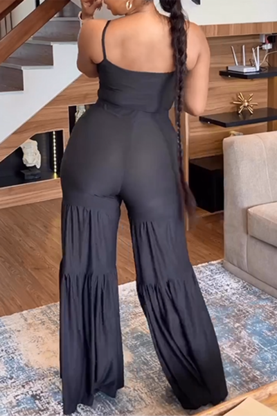 Casual Daily Elegant Vacation Plain Hollowed Out Fold Spaghetti Strap Loose Jumpsuits