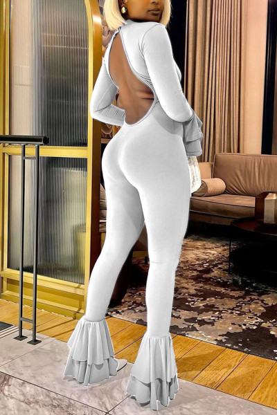 Sexy Solid Patchwork Backless O Neck Regular Jumpsuits