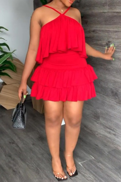 Casual Sweet Daily Simplicity Flounce Solid Color Halter Sleeveless Two Pieces