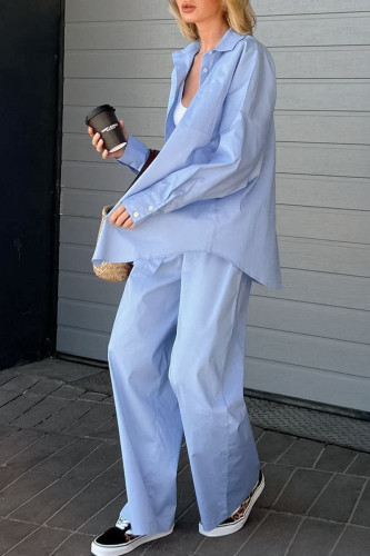 Casual Daily Solid Pocket Turndown Collar Long Sleeve Two Pieces