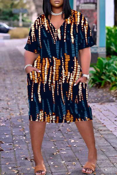 Casual Print Patchwork V Neck Short Sleeve Dress