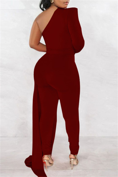 Casual Solid Patchwork Asymmetrical Oblique Collar Skinny Jumpsuits