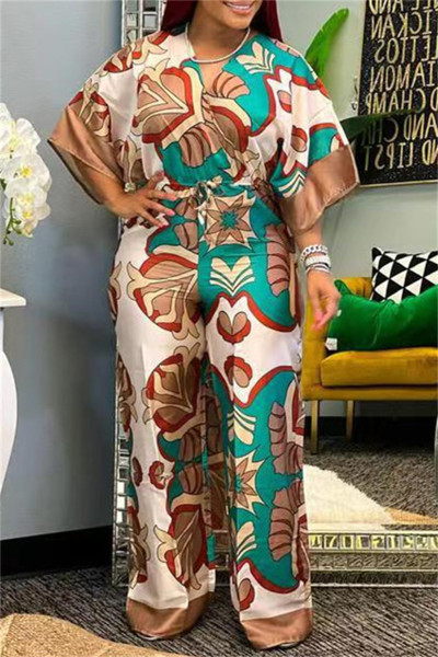 Casual Print Patchwork V Neck Regular Jumpsuits