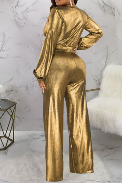Casual Solid Patchwork V Neck Straight Jumpsuits
