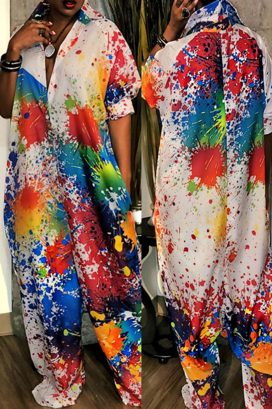 Street Print Patchwork Buckle Turndown Collar Loose Jumpsuits