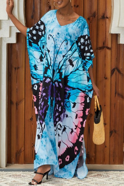Casual Print Slit V Neck Long Dress Dresses