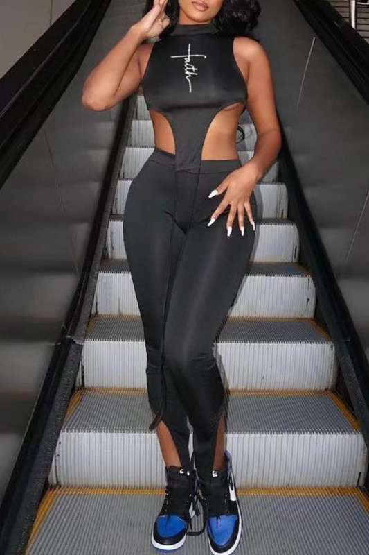 Casual Print Asymmetrical Turtleneck Sleeveless Two Pieces