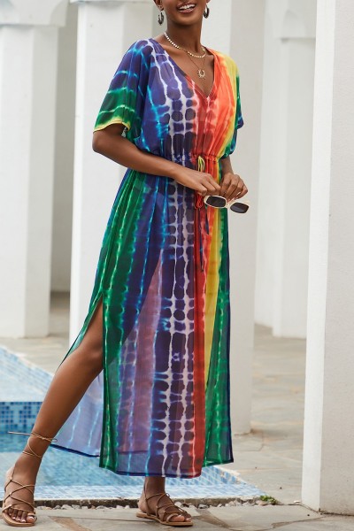 Casual Print Patchwork Slit V Neck Beach Dress Dresses