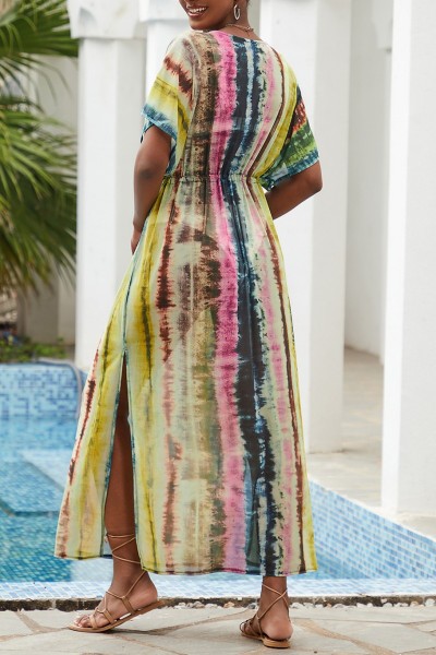 Casual Print Patchwork Slit V Neck Beach Dress Dresses