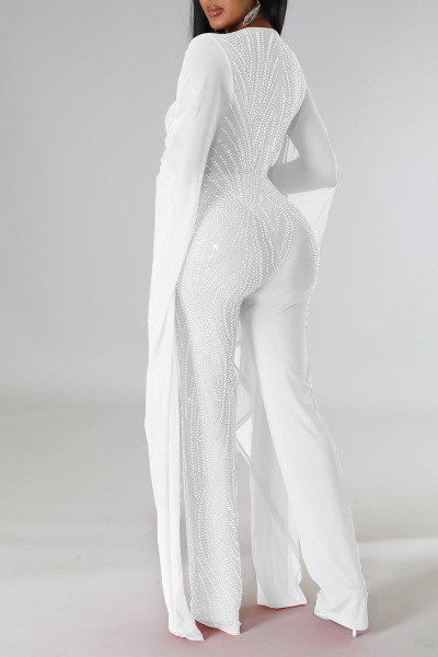 Sexy Solid Patchwork See-through Hot Drill V Neck Straight Jumpsuits