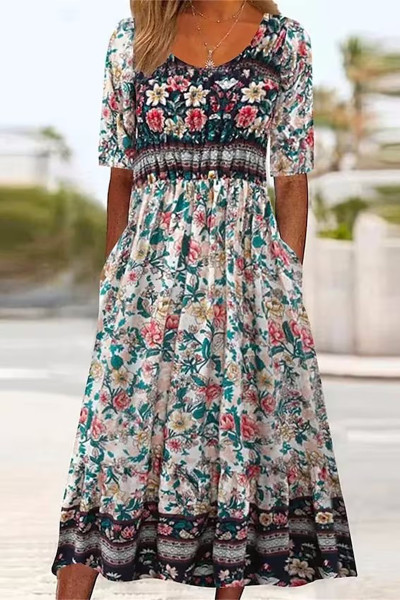 Bohemian College Floral Pocket O Neck A Line Dresses