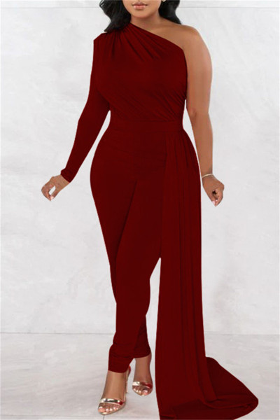 Casual Solid Patchwork Asymmetrical Oblique Collar Skinny Jumpsuits