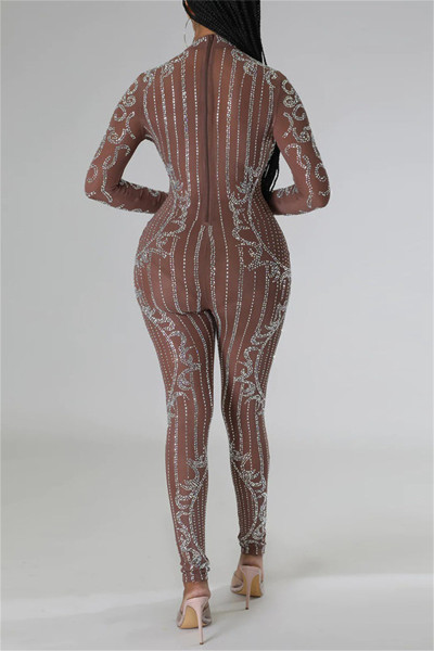 Sexy Patchwork Hot Drilling See-through Half A Turtleneck Skinny Jumpsuits