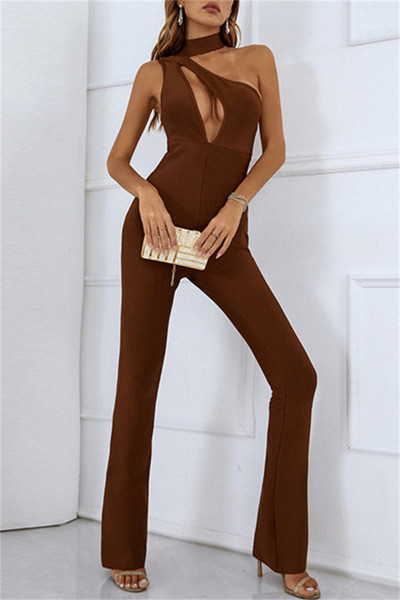 Sexy Casual Solid Hollowed Out Backless Turtleneck Regular Jumpsuits