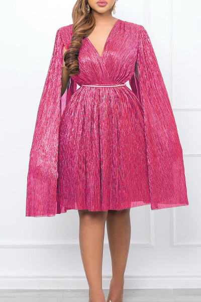 Elegant Solid Patchwork Mesh Reflective V Neck A Line Dresses(With Belt)