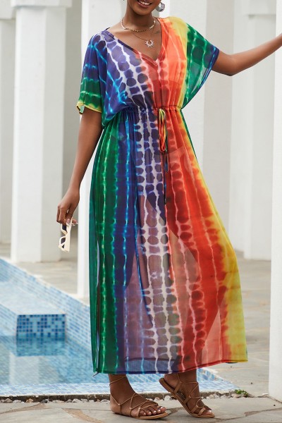 Casual Print Patchwork Slit V Neck Beach Dress Dresses