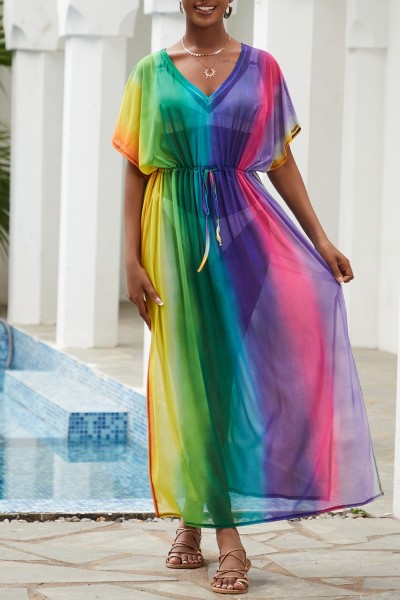 Casual Print Patchwork Slit V Neck Beach Dress Dresses
