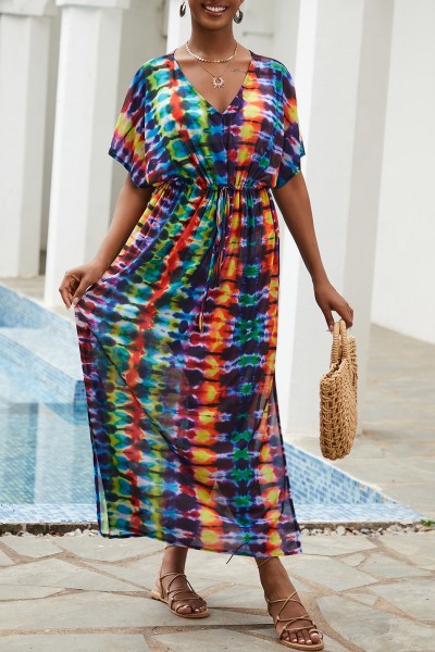 Casual Print Patchwork Slit V Neck Beach Dress Dresses
